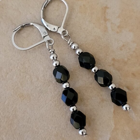 Black 6mm Czech Crystal Earrings Firepolished Stainless Steel Leverback Earwires - Picture 3 of 5